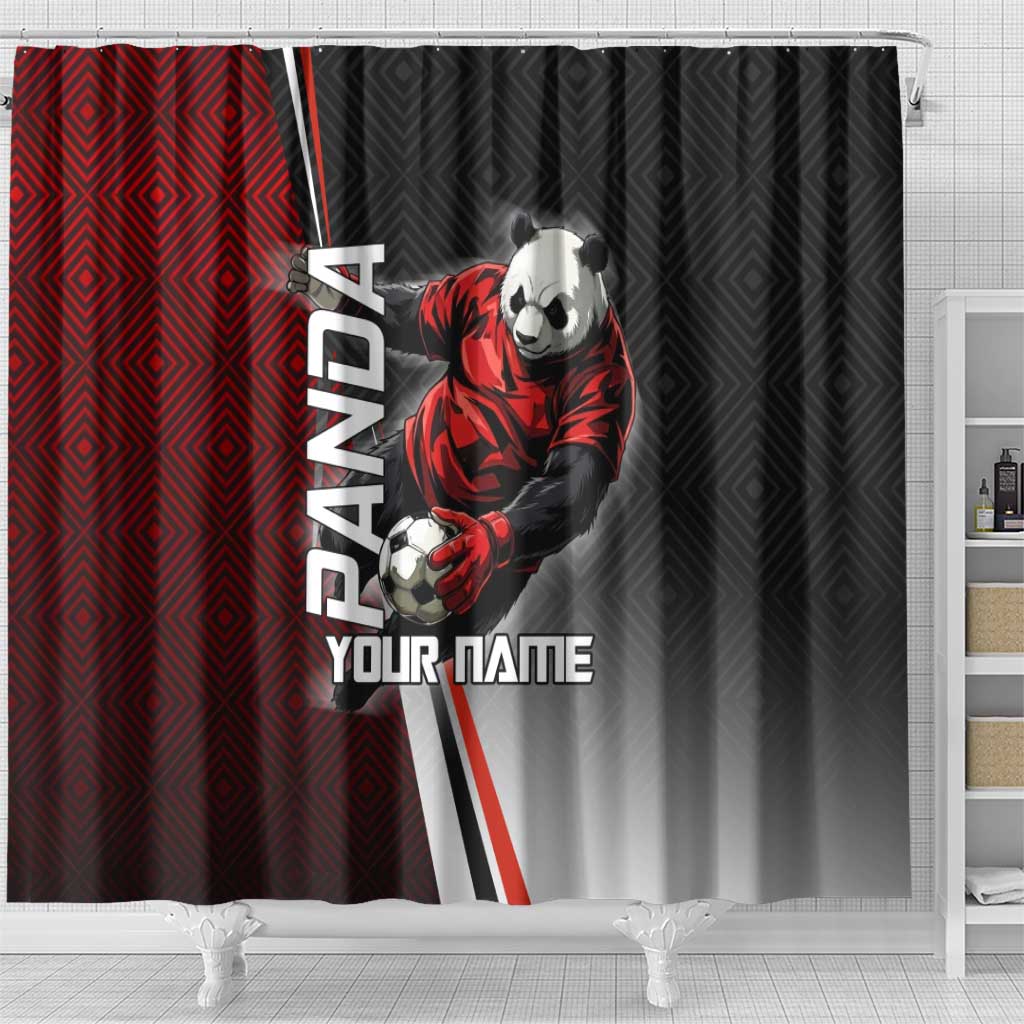 Personalized Panda Jujutsu Kaisen Soccer Theme Shower Curtain with Goalkeeper Pose and Red Black Geometric Graphic Design - The Mazicc