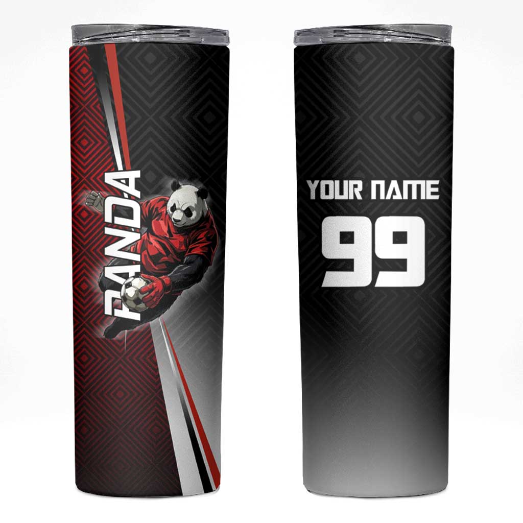 Personalized Panda Jujutsu Kaisen Soccer Theme Skinny Tumbler with Goalkeeper Pose and Red Black Geometric Graphic Design - The Mazicc
