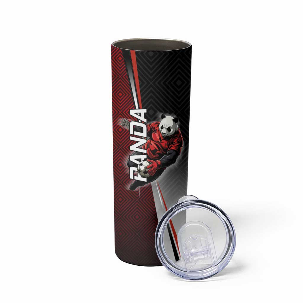 Personalized Panda Jujutsu Kaisen Soccer Theme Skinny Tumbler with Goalkeeper Pose and Red Black Geometric Graphic Design - The Mazicc