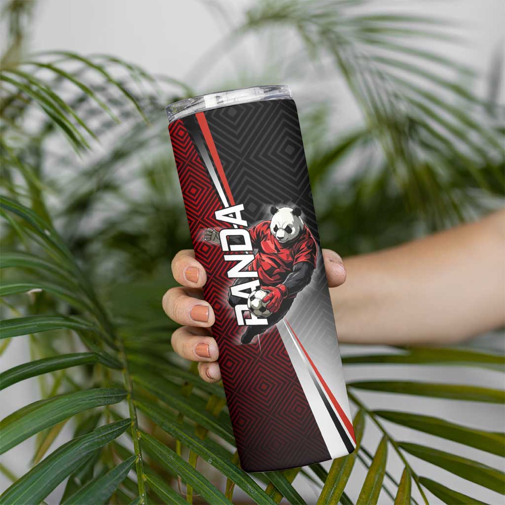 Personalized Panda Jujutsu Kaisen Soccer Theme Skinny Tumbler with Goalkeeper Pose and Red Black Geometric Graphic Design - The Mazicc