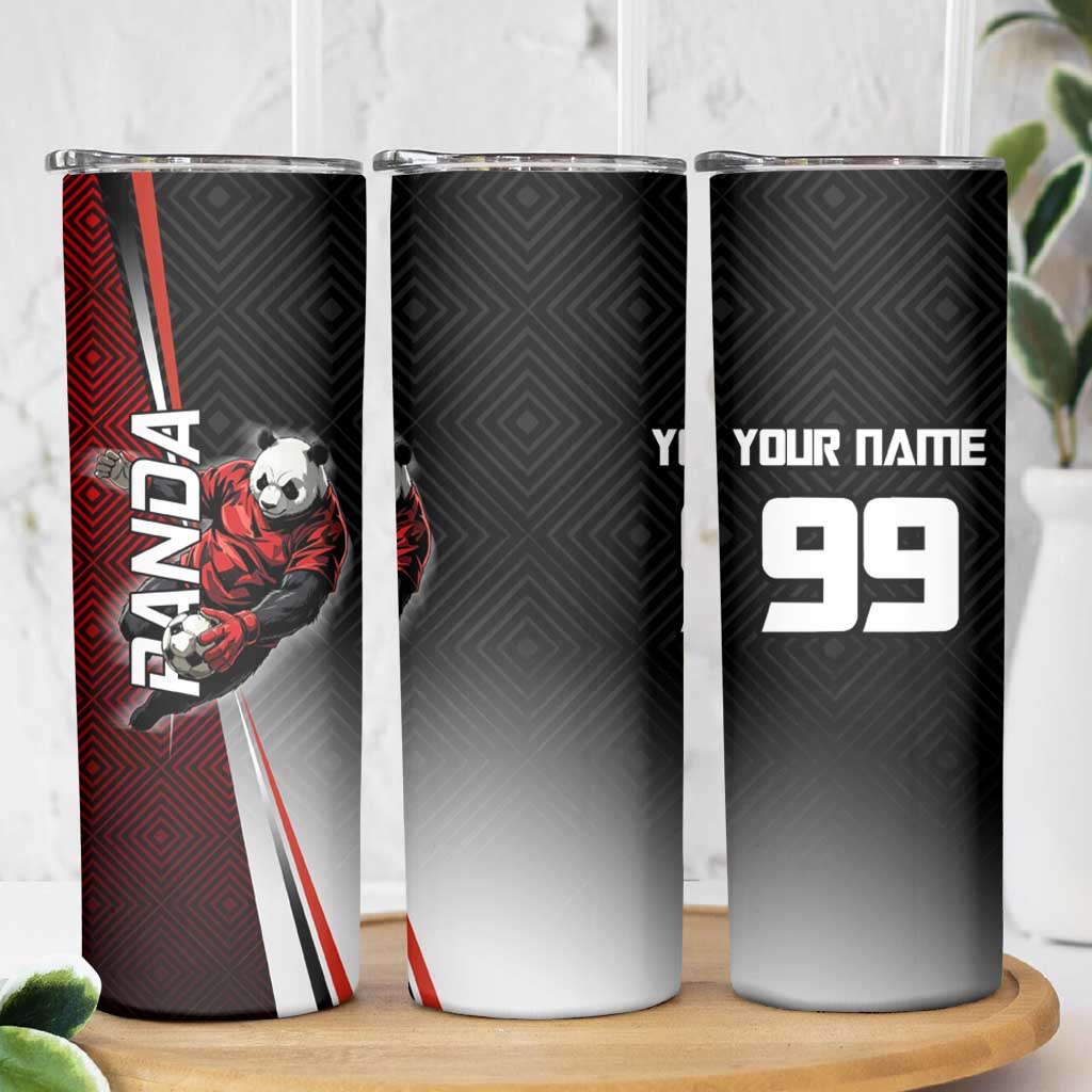 Personalized Panda Jujutsu Kaisen Soccer Theme Skinny Tumbler with Goalkeeper Pose and Red Black Geometric Graphic Design - The Mazicc