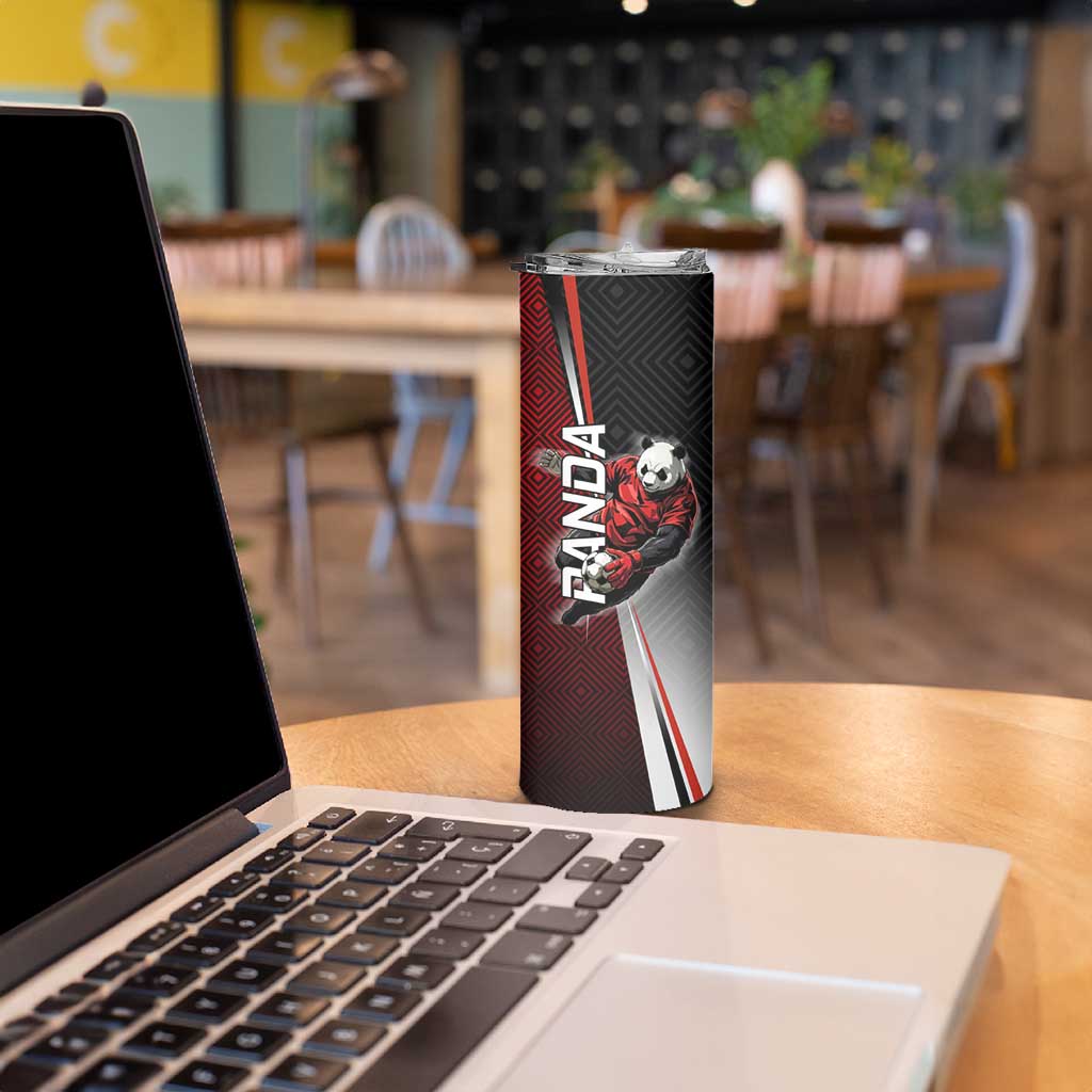 Personalized Panda Jujutsu Kaisen Soccer Theme Skinny Tumbler with Goalkeeper Pose and Red Black Geometric Graphic Design - The Mazicc