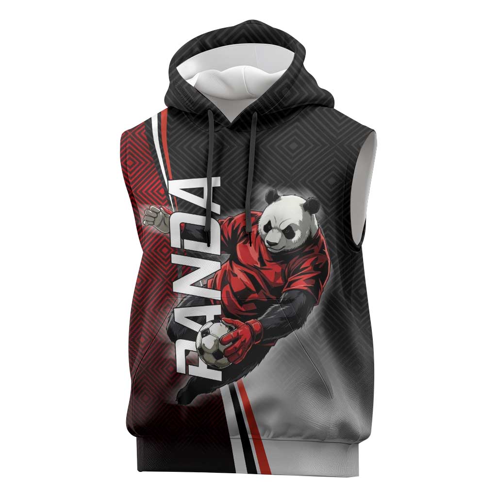 Personalized Panda Jujutsu Kaisen Soccer Theme Sleeveless Hoodie with Goalkeeper Pose and Red Black Geometric Graphic Design - The Mazicc