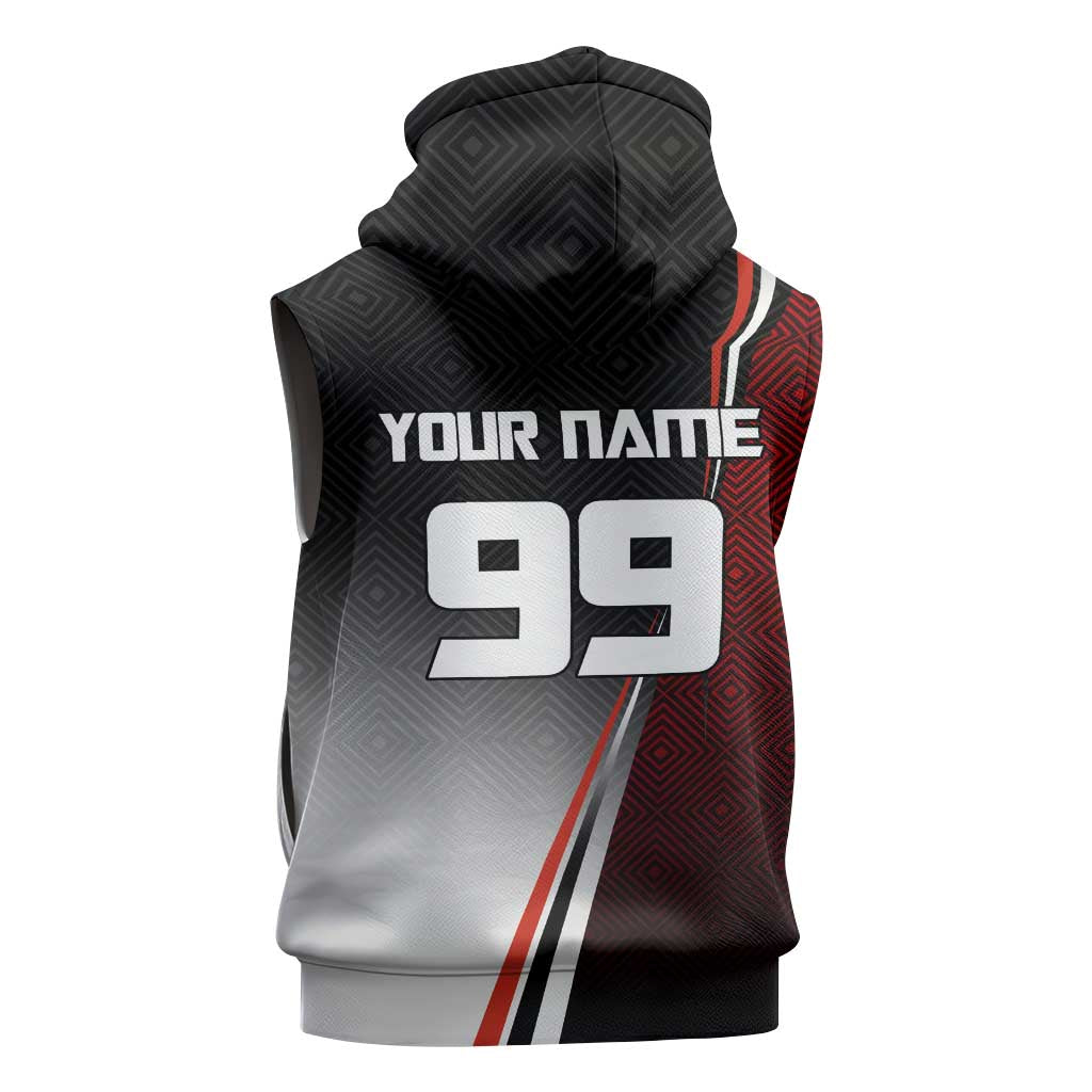 Personalized Panda Jujutsu Kaisen Soccer Theme Sleeveless Hoodie with Goalkeeper Pose and Red Black Geometric Graphic Design - The Mazicc
