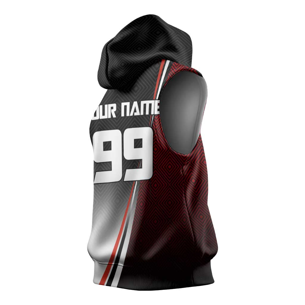 Personalized Panda Jujutsu Kaisen Soccer Theme Sleeveless Hoodie with Goalkeeper Pose and Red Black Geometric Graphic Design - The Mazicc