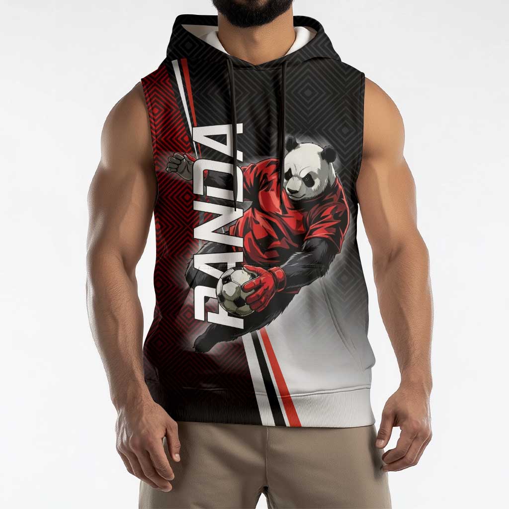 Personalized Panda Jujutsu Kaisen Soccer Theme Sleeveless Hoodie with Goalkeeper Pose and Red Black Geometric Graphic Design - The Mazicc
