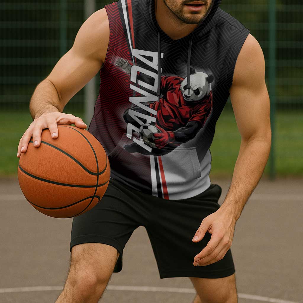 Personalized Panda Jujutsu Kaisen Soccer Theme Sleeveless Hoodie with Goalkeeper Pose and Red Black Geometric Graphic Design - The Mazicc