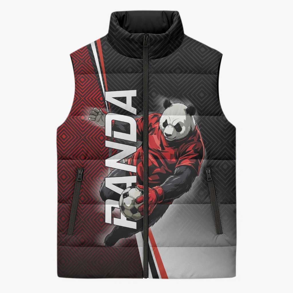 Personalized Panda Jujutsu Kaisen Soccer Theme Sleeveless Puffer Jacket with Goalkeeper Pose and Red Black Geometric Graphic Design - The Mazicc