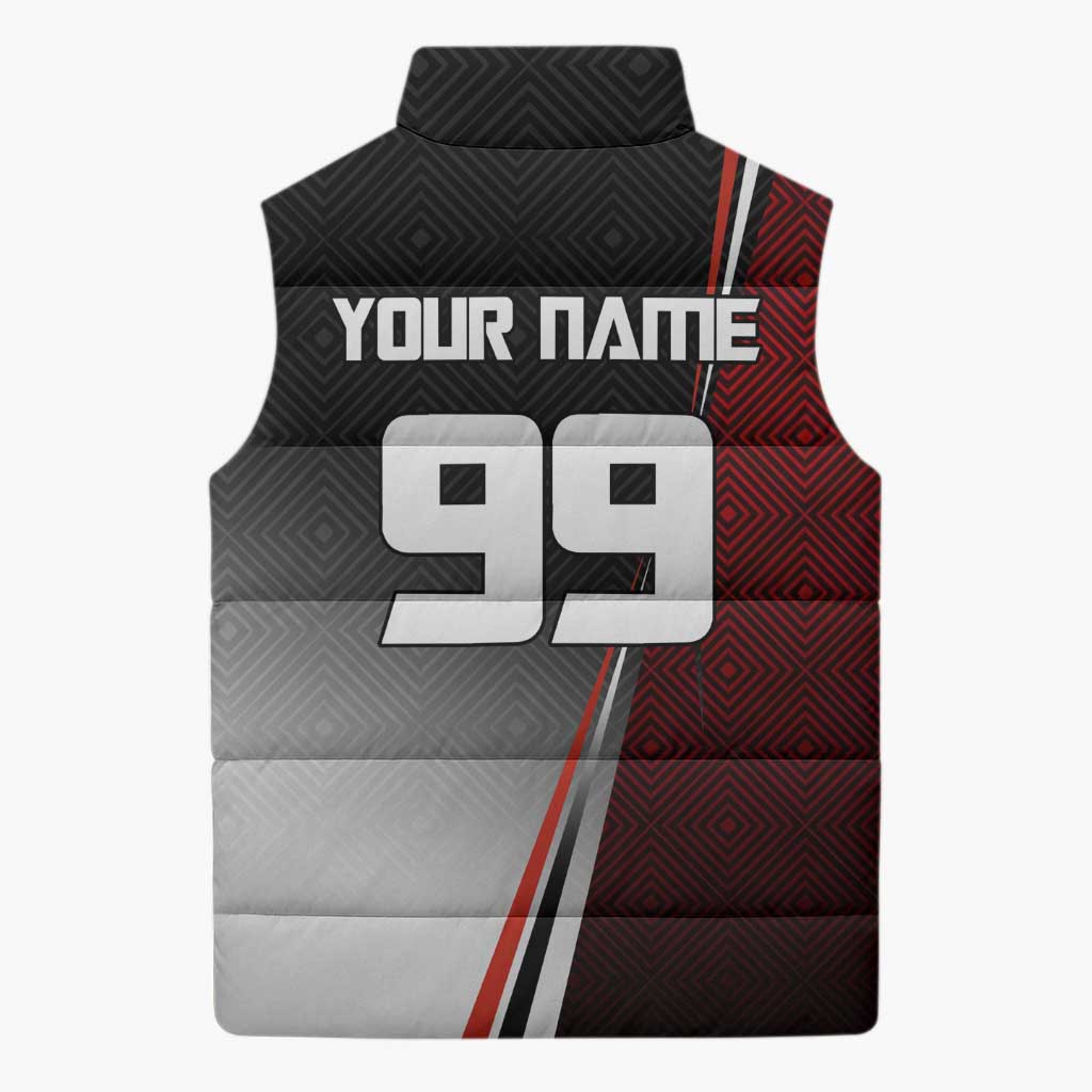 Personalized Panda Jujutsu Kaisen Soccer Theme Sleeveless Puffer Jacket with Goalkeeper Pose and Red Black Geometric Graphic Design - The Mazicc