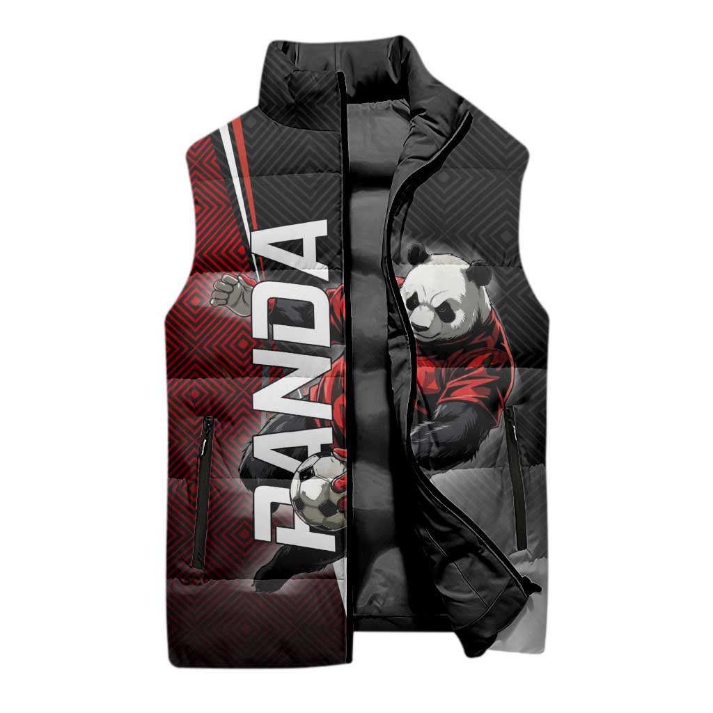 Personalized Panda Jujutsu Kaisen Soccer Theme Sleeveless Puffer Jacket with Goalkeeper Pose and Red Black Geometric Graphic Design - The Mazicc