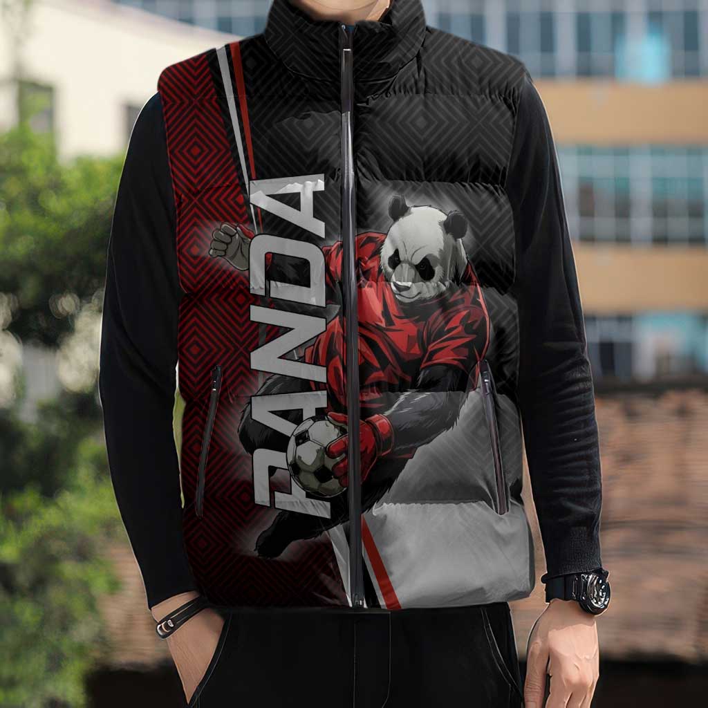Personalized Panda Jujutsu Kaisen Soccer Theme Sleeveless Puffer Jacket with Goalkeeper Pose and Red Black Geometric Graphic Design - The Mazicc