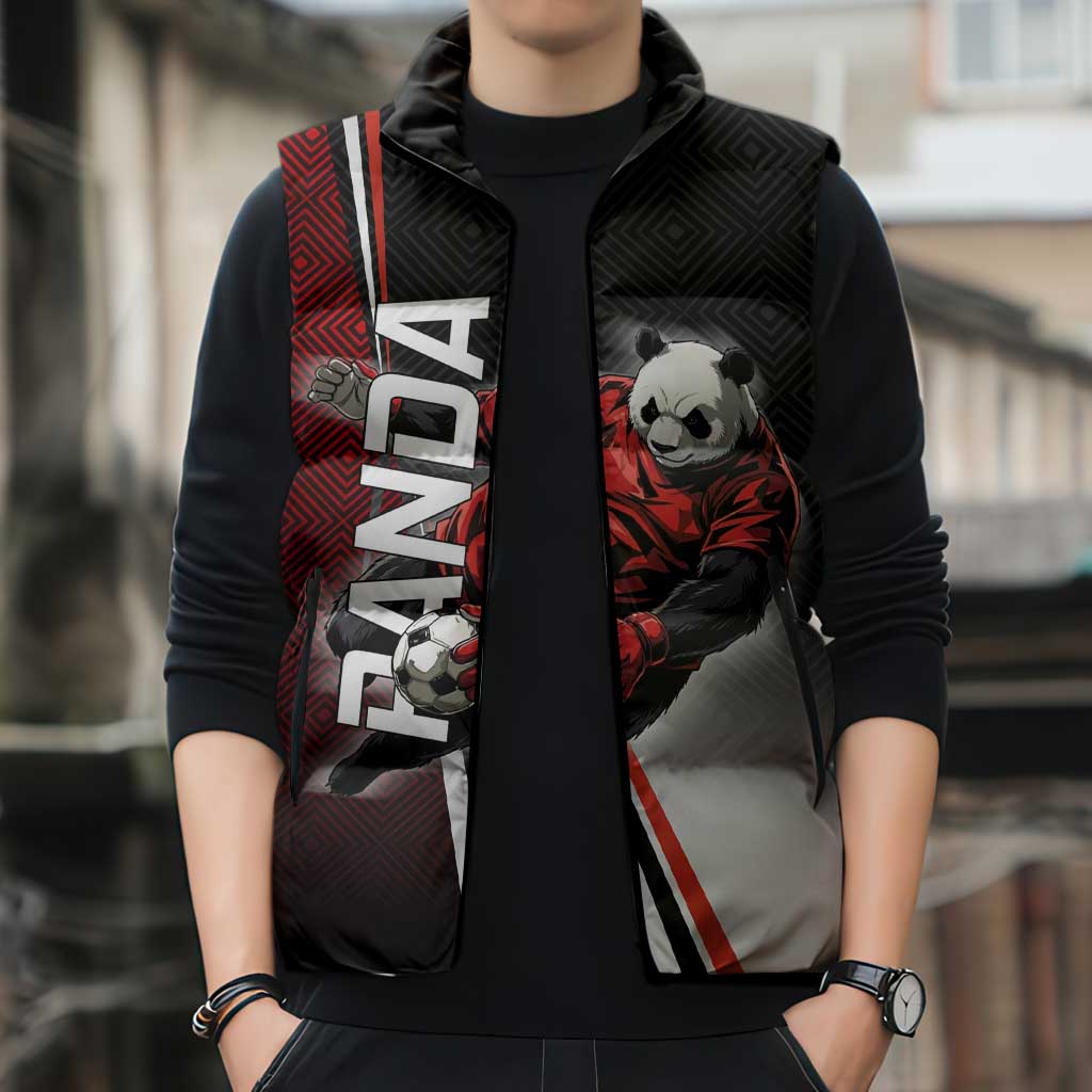 Personalized Panda Jujutsu Kaisen Soccer Theme Sleeveless Puffer Jacket with Goalkeeper Pose and Red Black Geometric Graphic Design - The Mazicc