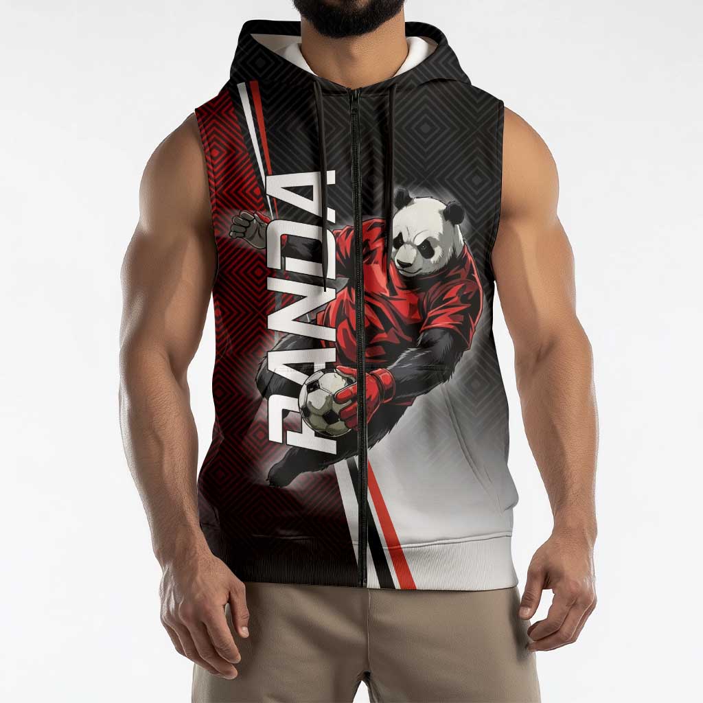 Personalized Panda Jujutsu Kaisen Soccer Theme Sleeveless Zip Hoodie with Goalkeeper Pose and Red Black Geometric Graphic Design - The Mazicc