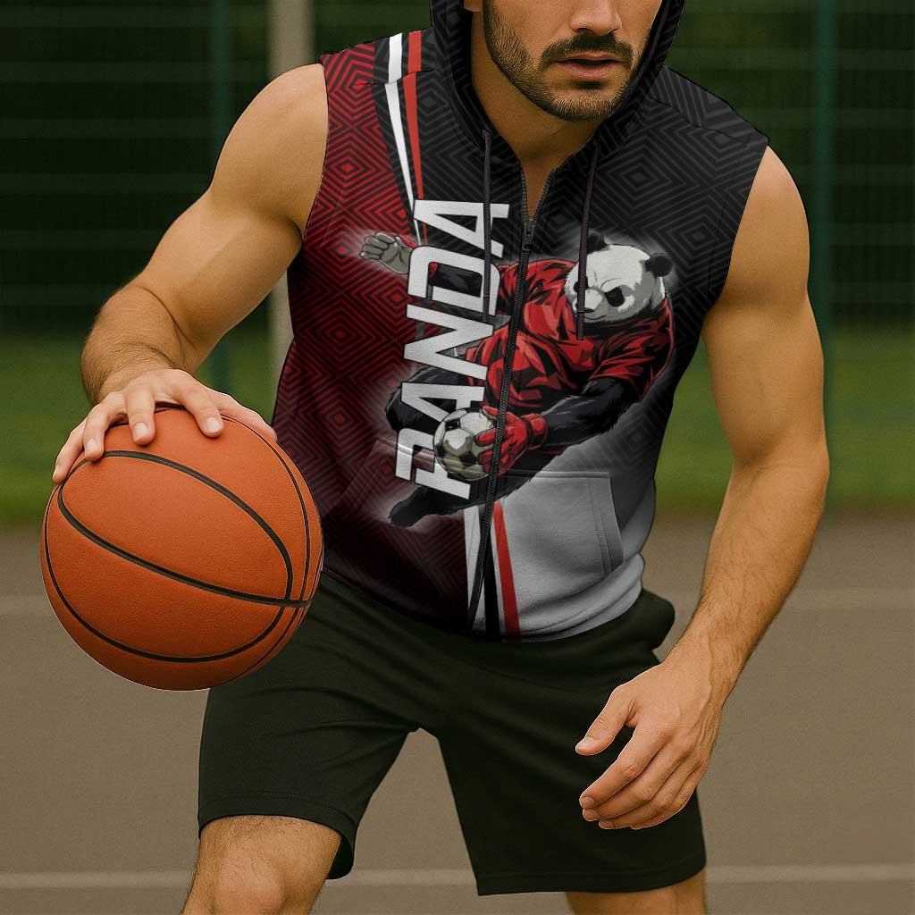 Personalized Panda Jujutsu Kaisen Soccer Theme Sleeveless Zip Hoodie with Goalkeeper Pose and Red Black Geometric Graphic Design - The Mazicc