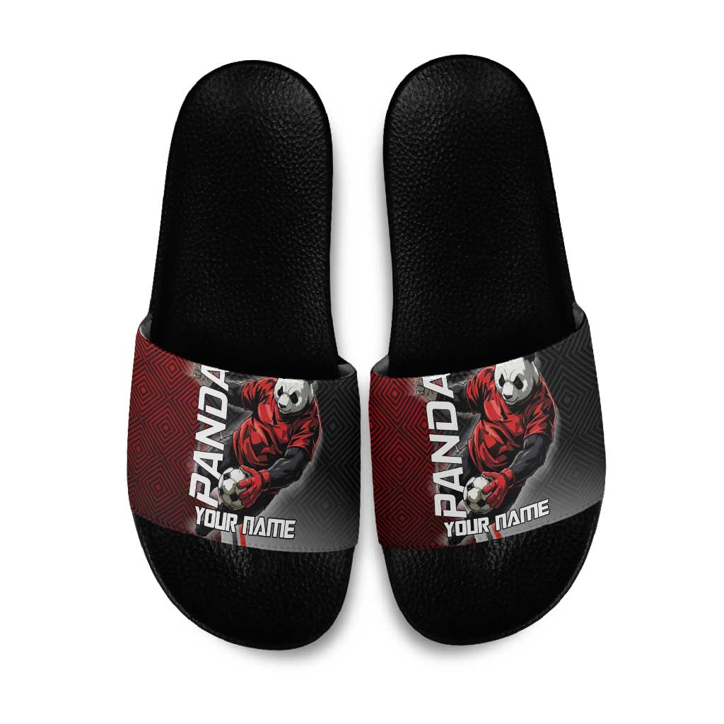 Personalized Panda Jujutsu Kaisen Soccer Theme Slide Sandals with Goalkeeper Pose and Red Black Geometric Graphic Design - The Mazicc