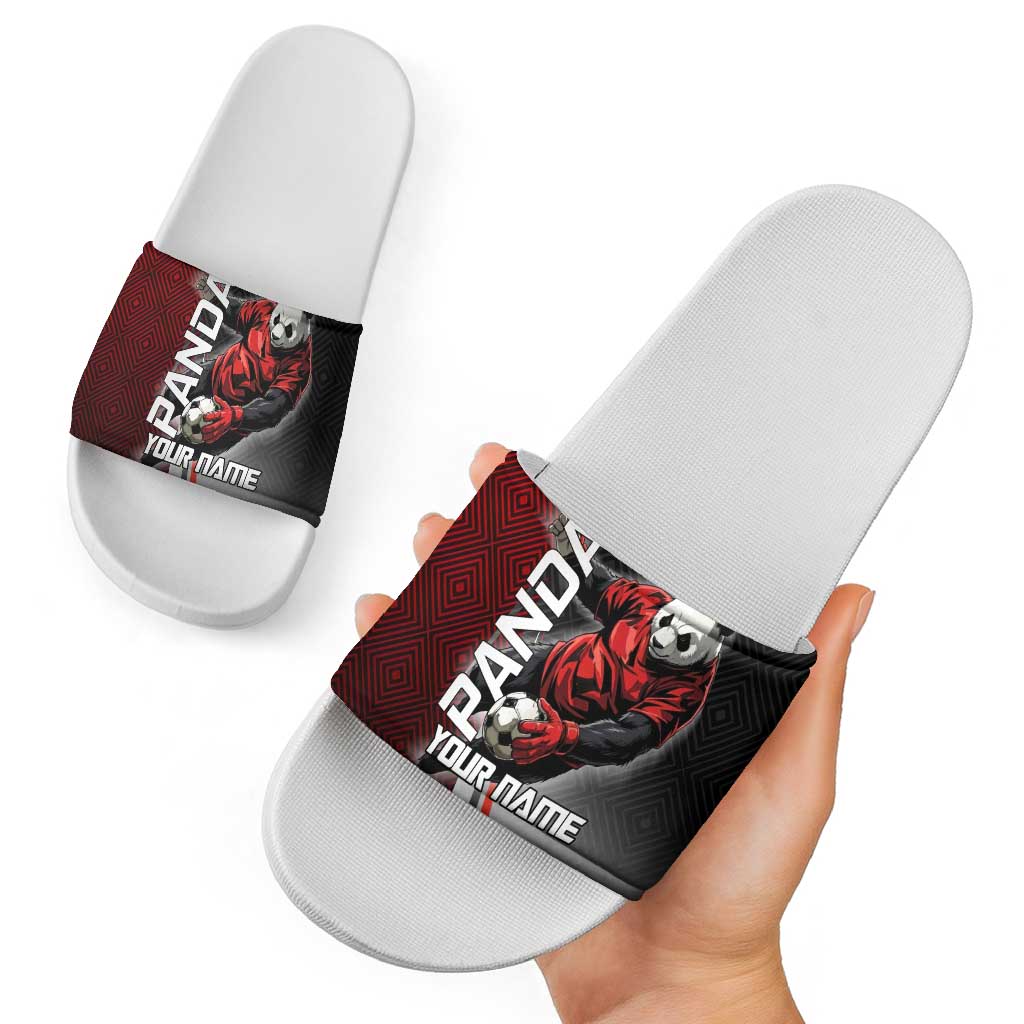 Personalized Panda Jujutsu Kaisen Soccer Theme Slide Sandals with Goalkeeper Pose and Red Black Geometric Graphic Design - The Mazicc