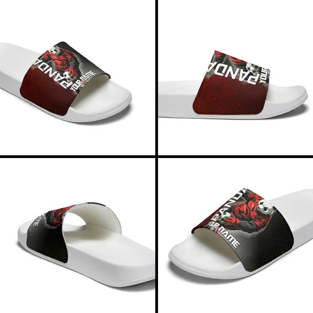 Personalized Panda Jujutsu Kaisen Soccer Theme Slide Sandals with Goalkeeper Pose and Red Black Geometric Graphic Design - The Mazicc