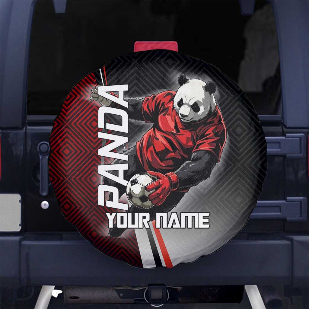 Personalized Panda Jujutsu Kaisen Soccer Theme Spare Tire Cover with Goalkeeper Pose and Red Black Geometric Graphic Design - The Mazicc