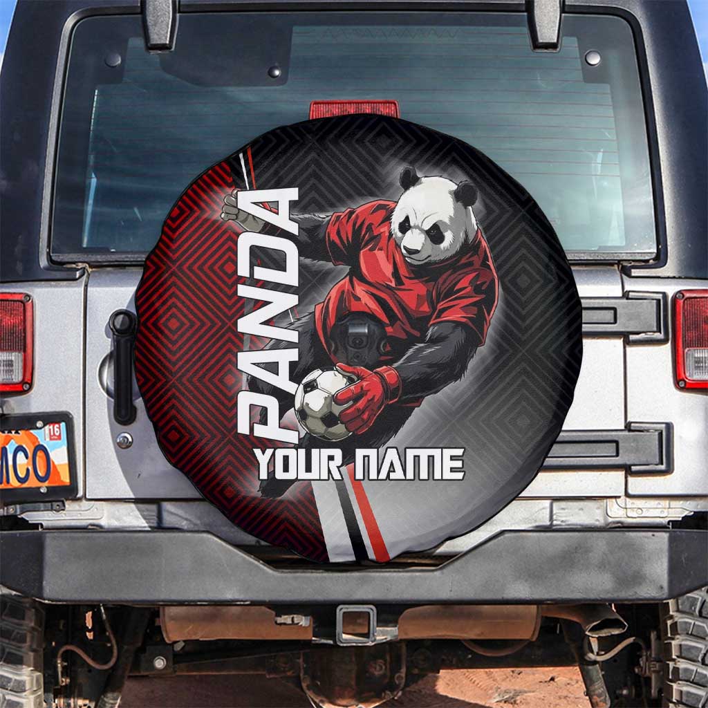 Personalized Panda Jujutsu Kaisen Soccer Theme Spare Tire Cover with Goalkeeper Pose and Red Black Geometric Graphic Design - The Mazicc