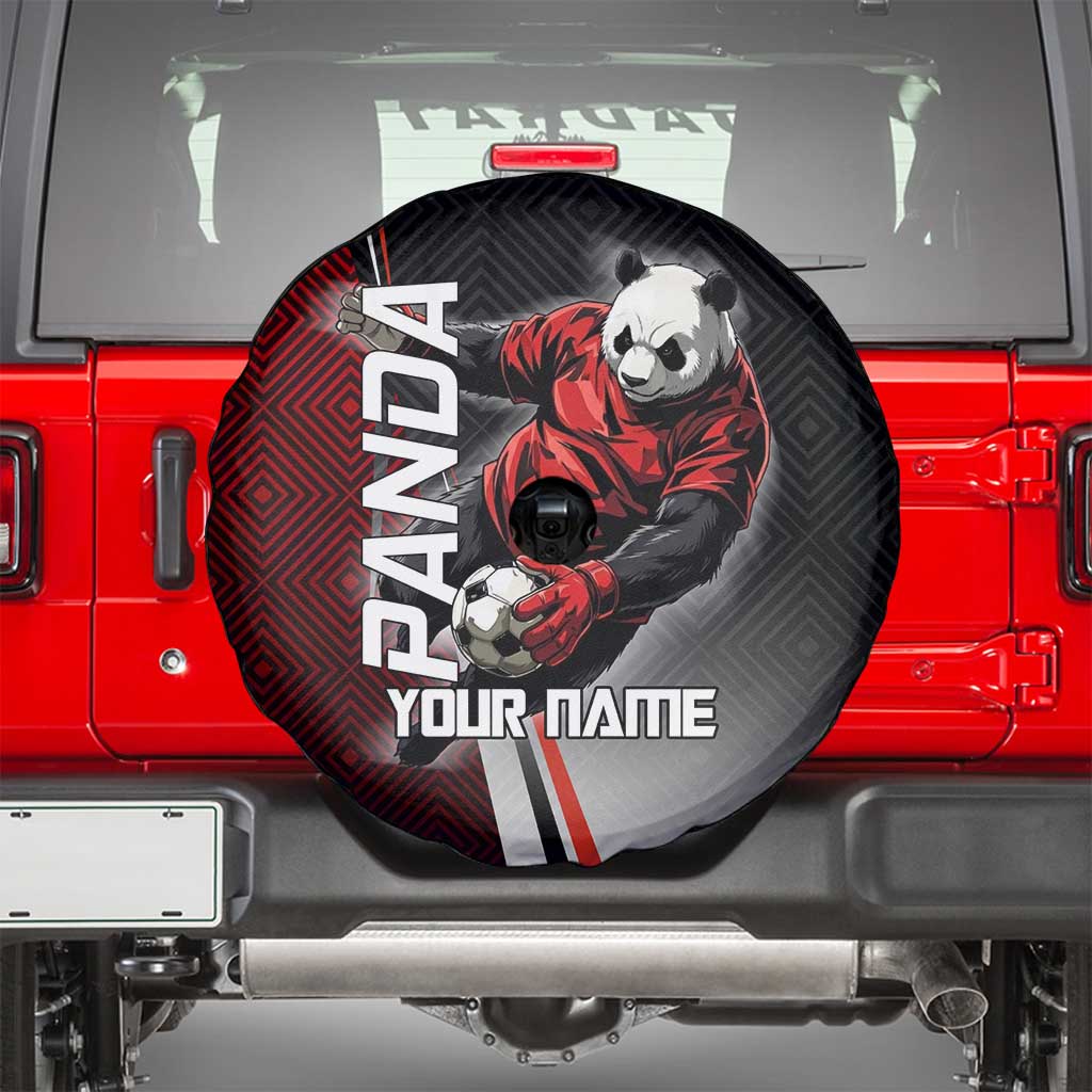 Personalized Panda Jujutsu Kaisen Soccer Theme Spare Tire Cover with Goalkeeper Pose and Red Black Geometric Graphic Design - The Mazicc