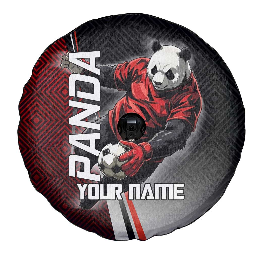 Personalized Panda Jujutsu Kaisen Soccer Theme Spare Tire Cover with Goalkeeper Pose and Red Black Geometric Graphic Design - The Mazicc