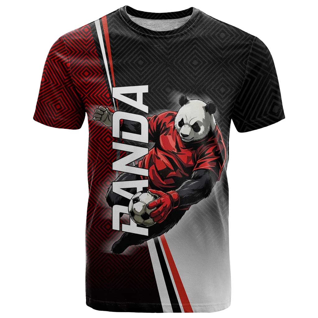 Personalized Panda Jujutsu Kaisen Soccer Theme T Shirt with Goalkeeper Pose and Red Black Geometric Graphic Design - The Mazicc