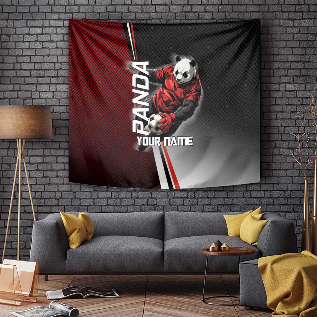 Personalized Panda Jujutsu Kaisen Soccer Theme Tapestry with Goalkeeper Pose and Red Black Geometric Graphic Design - The Mazicc