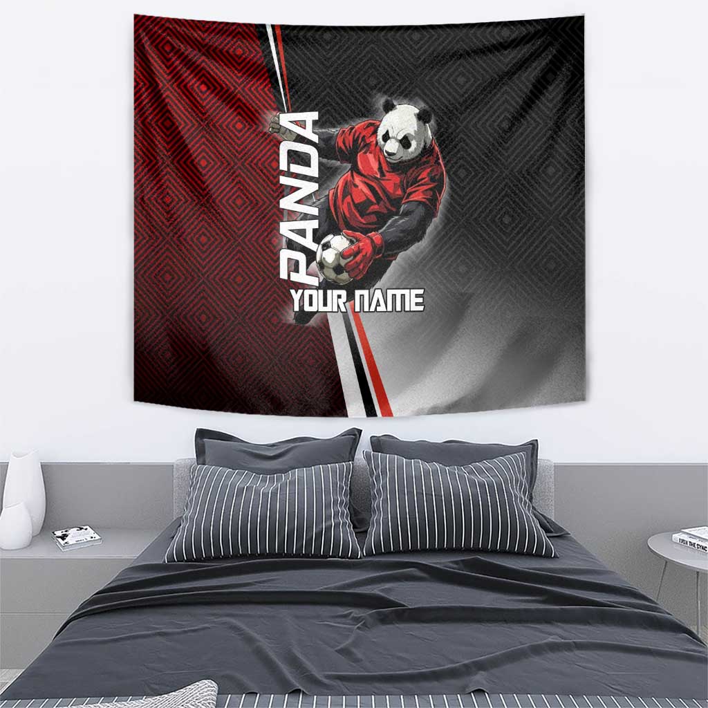 Personalized Panda Jujutsu Kaisen Soccer Theme Tapestry with Goalkeeper Pose and Red Black Geometric Graphic Design - The Mazicc