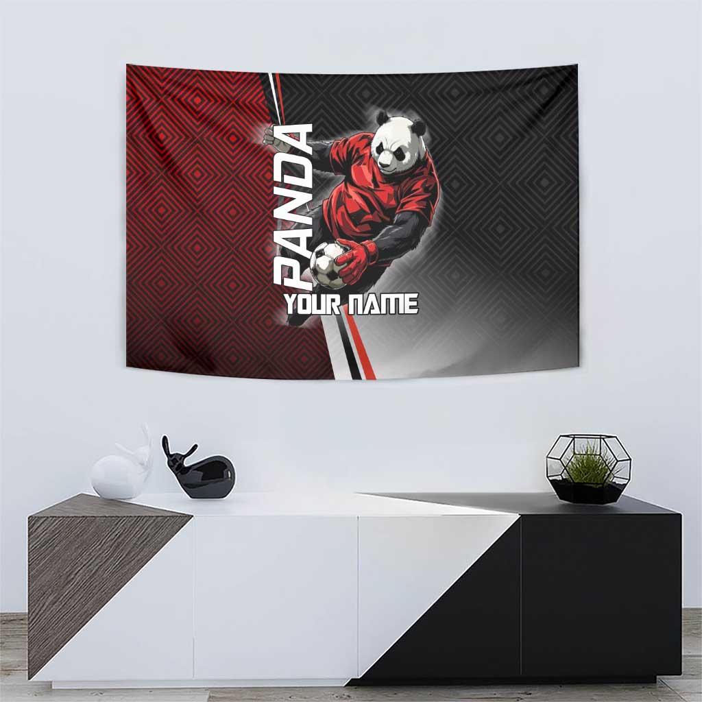 Personalized Panda Jujutsu Kaisen Soccer Theme Tapestry with Goalkeeper Pose and Red Black Geometric Graphic Design - The Mazicc