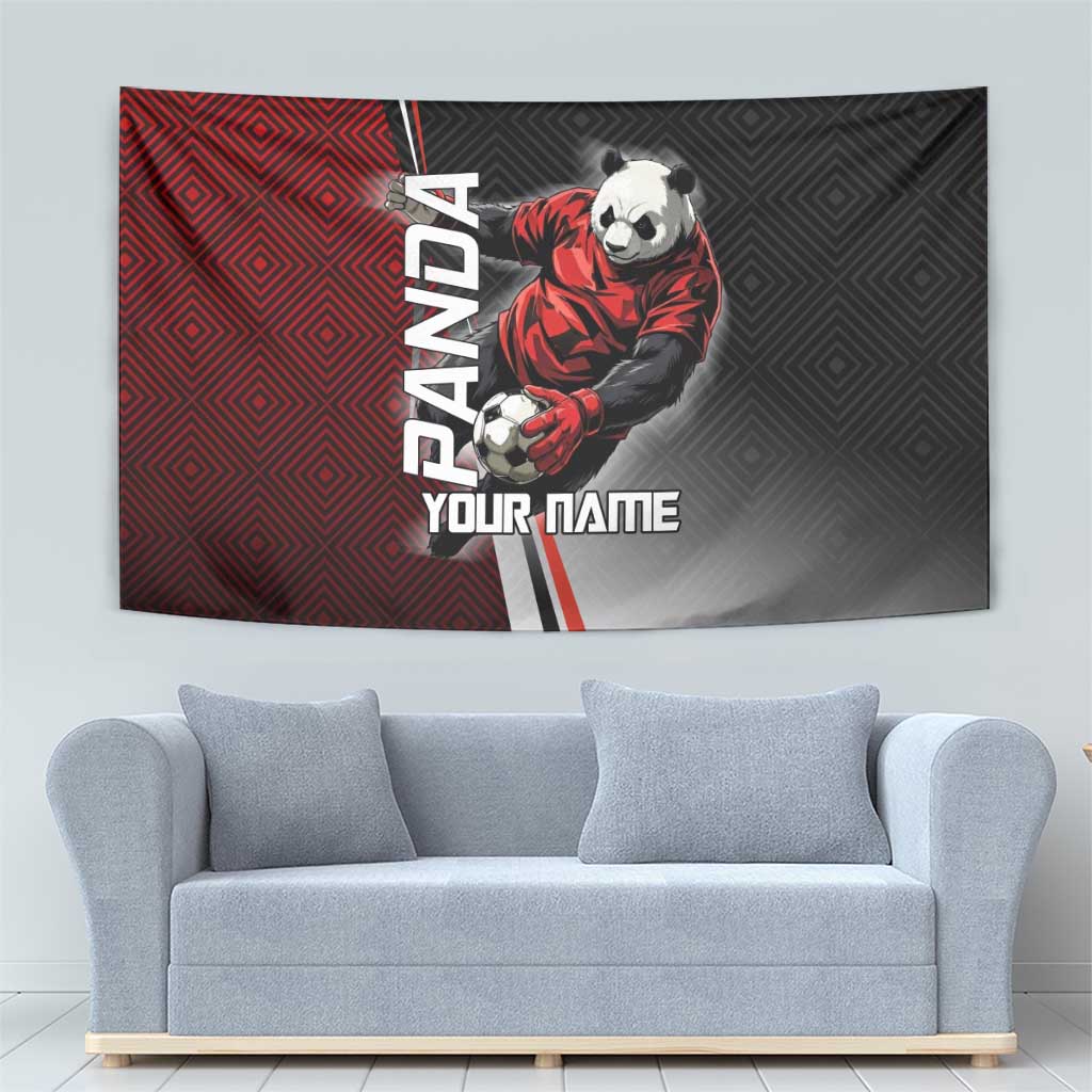 Personalized Panda Jujutsu Kaisen Soccer Theme Tapestry with Goalkeeper Pose and Red Black Geometric Graphic Design - The Mazicc