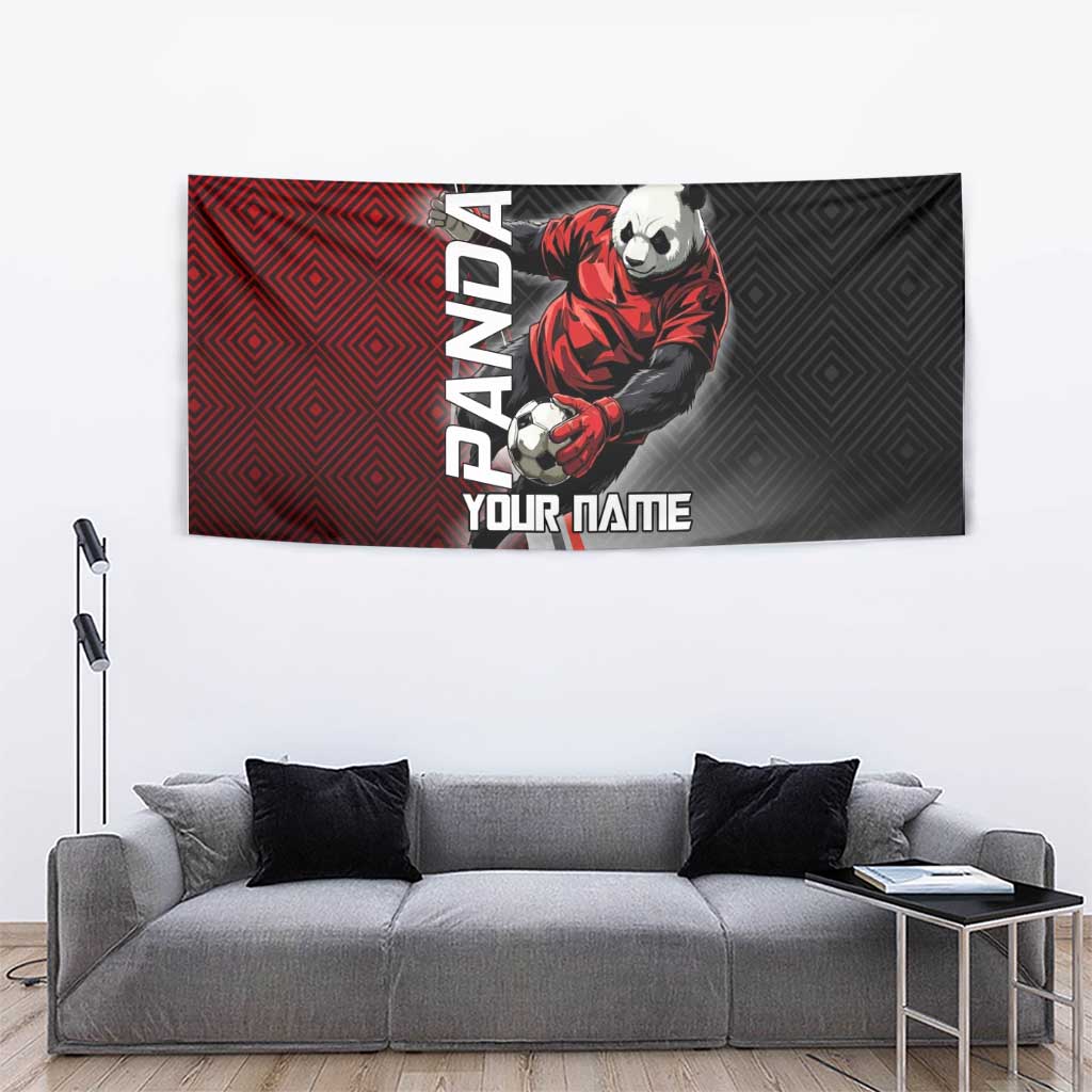 Personalized Panda Jujutsu Kaisen Soccer Theme Tapestry with Goalkeeper Pose and Red Black Geometric Graphic Design - The Mazicc