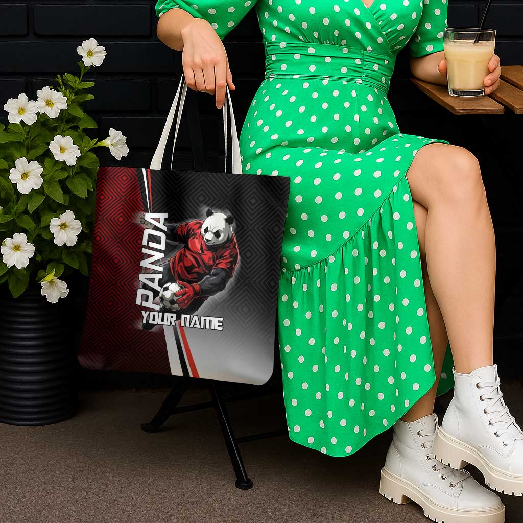 Personalized Panda Jujutsu Kaisen Soccer Theme Tote Bag with Goalkeeper Pose and Red Black Geometric Graphic Design - The Mazicc
