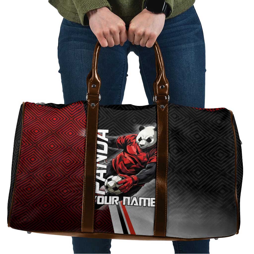 Personalized Panda Jujutsu Kaisen Soccer Theme Travel Bag with Goalkeeper Pose and Red Black Geometric Graphic Design - The Mazicc