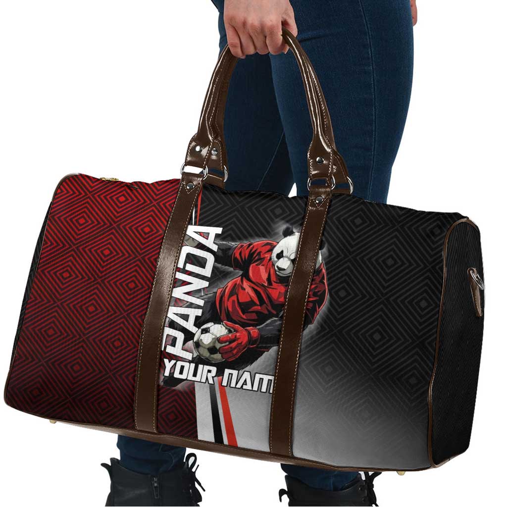 Personalized Panda Jujutsu Kaisen Soccer Theme Travel Bag with Goalkeeper Pose and Red Black Geometric Graphic Design - The Mazicc