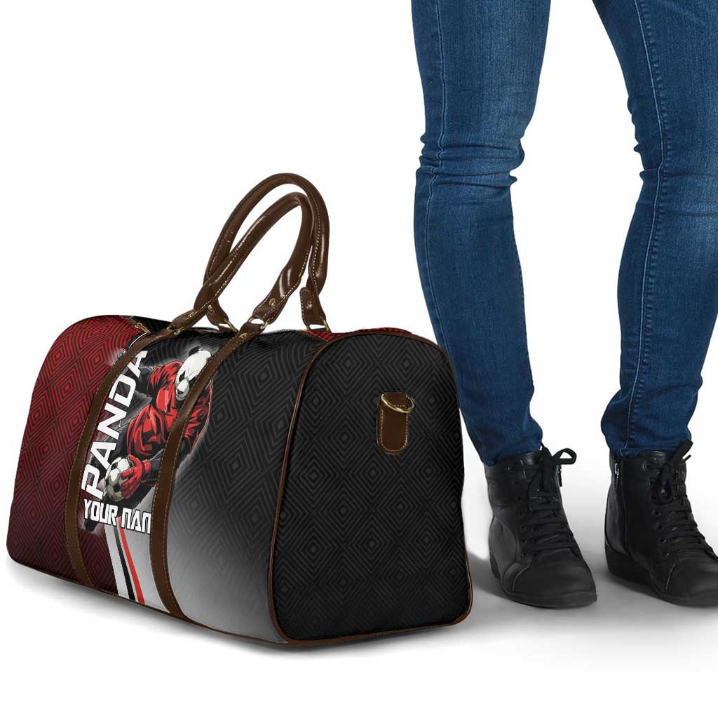 Personalized Panda Jujutsu Kaisen Soccer Theme Travel Bag with Goalkeeper Pose and Red Black Geometric Graphic Design - The Mazicc