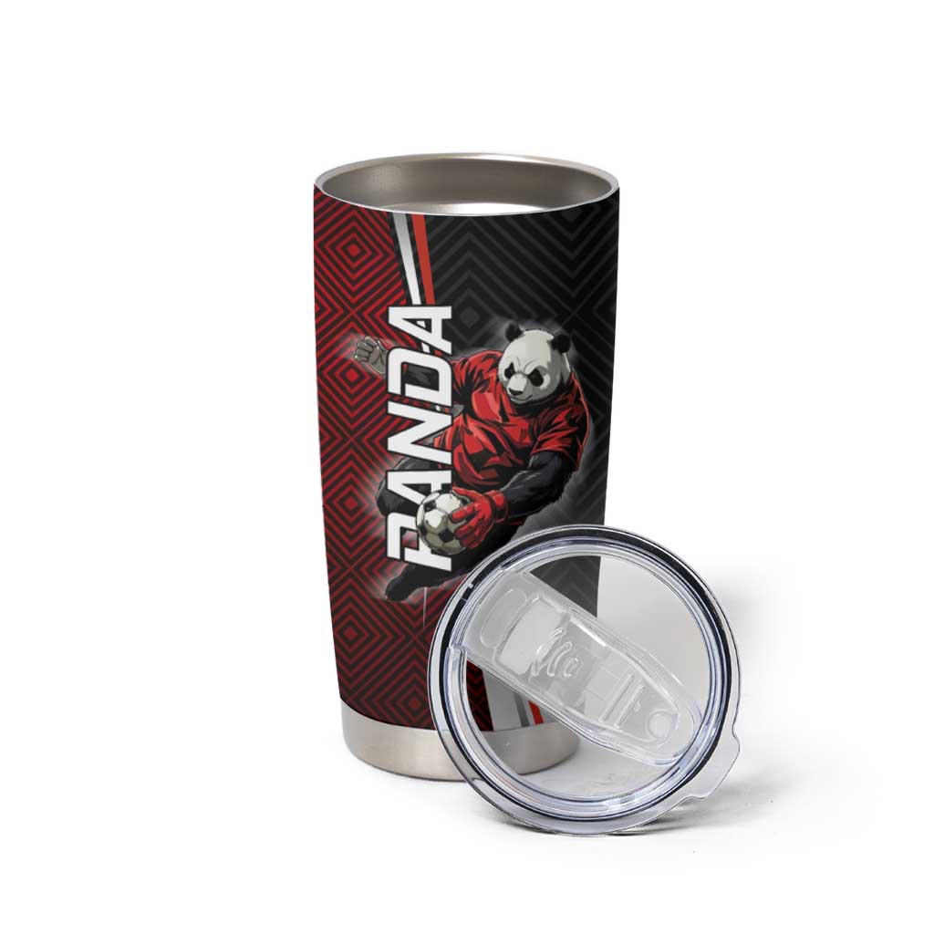 Personalized Panda Jujutsu Kaisen Soccer Theme Tumbler Cup with Goalkeeper Pose and Red Black Geometric Graphic Design - The Mazicc