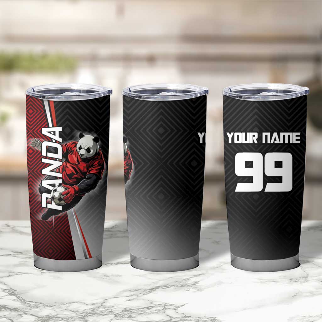 Personalized Panda Jujutsu Kaisen Soccer Theme Tumbler Cup with Goalkeeper Pose and Red Black Geometric Graphic Design - The Mazicc