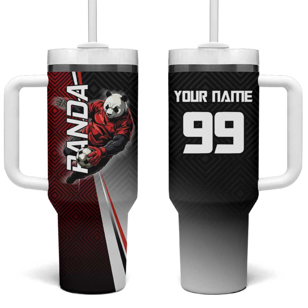 Personalized Panda Jujutsu Kaisen Soccer Theme Tumbler With Handle with Goalkeeper Pose and Red Black Geometric Graphic Design - The Mazicc