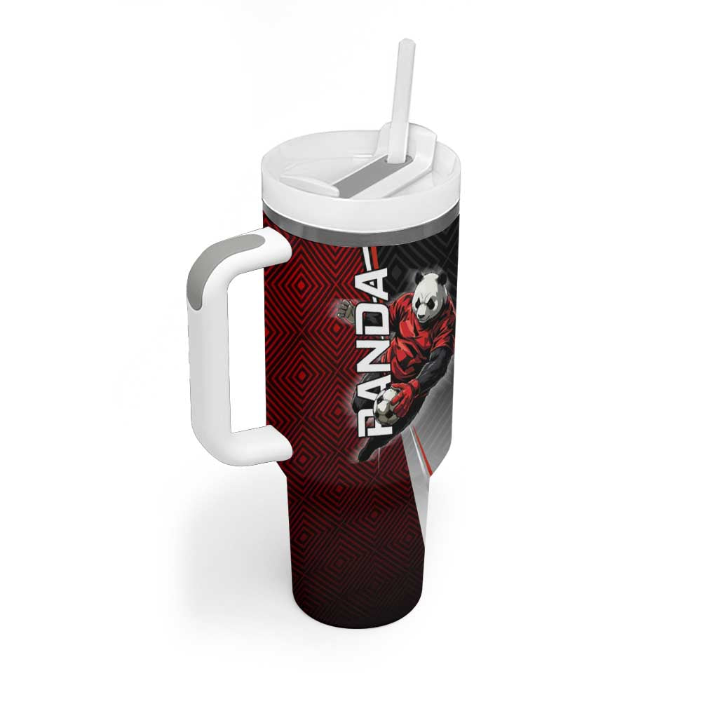 Personalized Panda Jujutsu Kaisen Soccer Theme Tumbler With Handle with Goalkeeper Pose and Red Black Geometric Graphic Design - The Mazicc