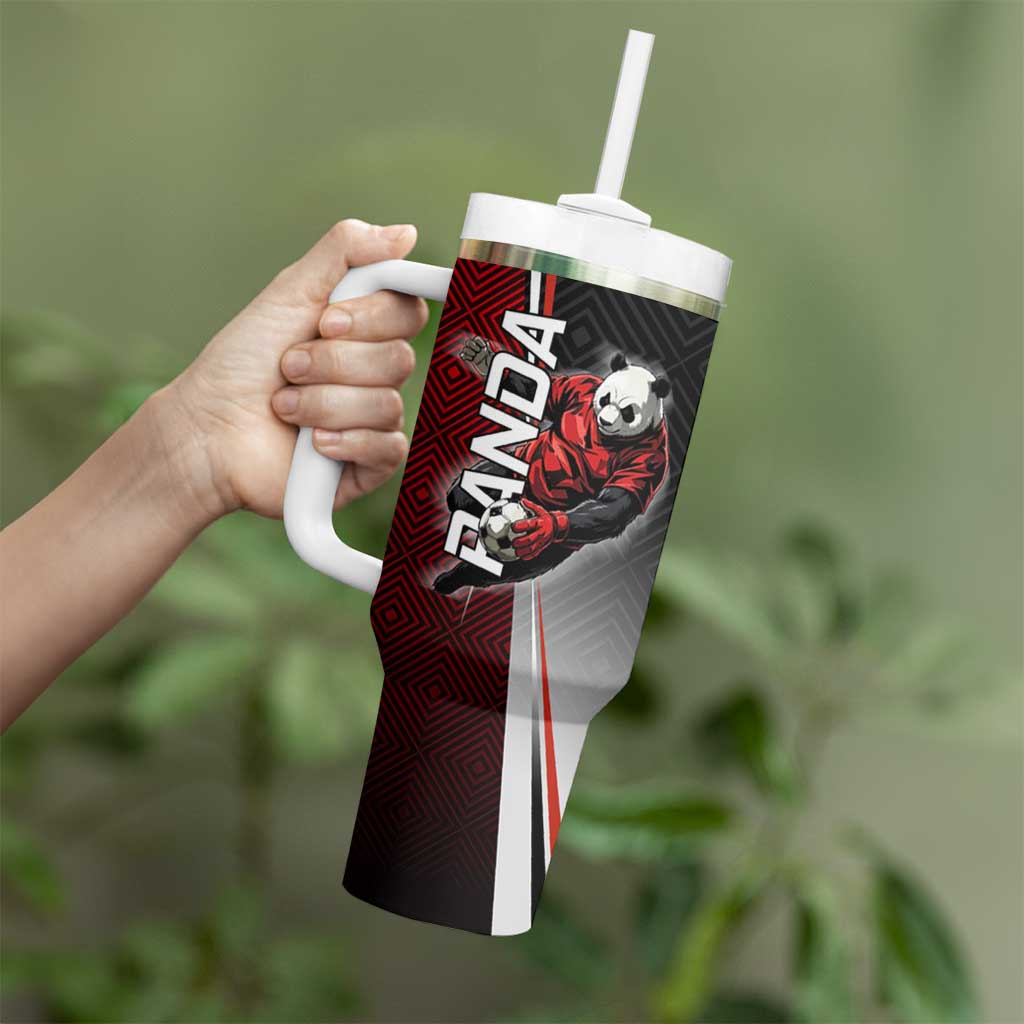 Personalized Panda Jujutsu Kaisen Soccer Theme Tumbler With Handle with Goalkeeper Pose and Red Black Geometric Graphic Design - The Mazicc