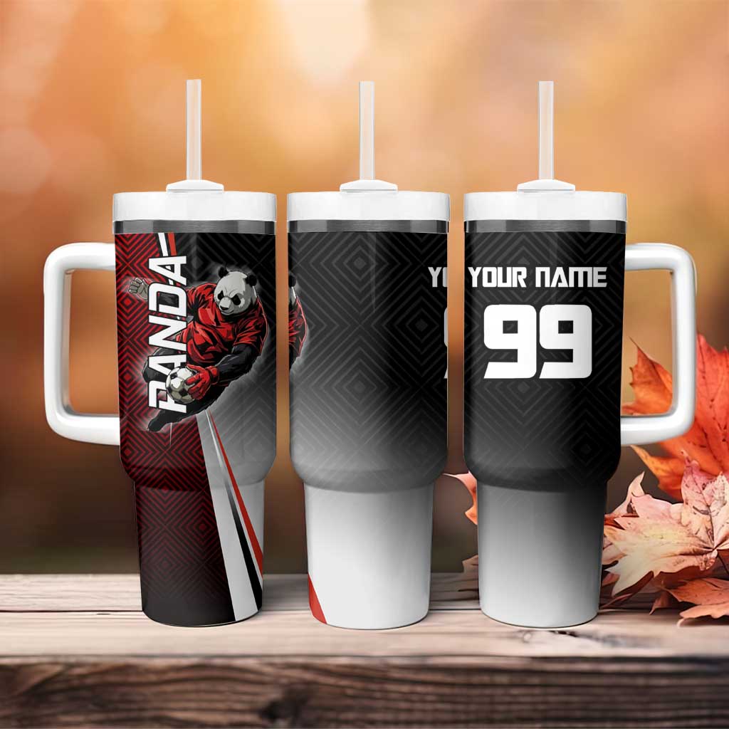 Personalized Panda Jujutsu Kaisen Soccer Theme Tumbler With Handle with Goalkeeper Pose and Red Black Geometric Graphic Design - The Mazicc