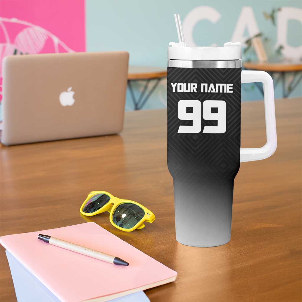 Personalized Panda Jujutsu Kaisen Soccer Theme Tumbler With Handle with Goalkeeper Pose and Red Black Geometric Graphic Design - The Mazicc