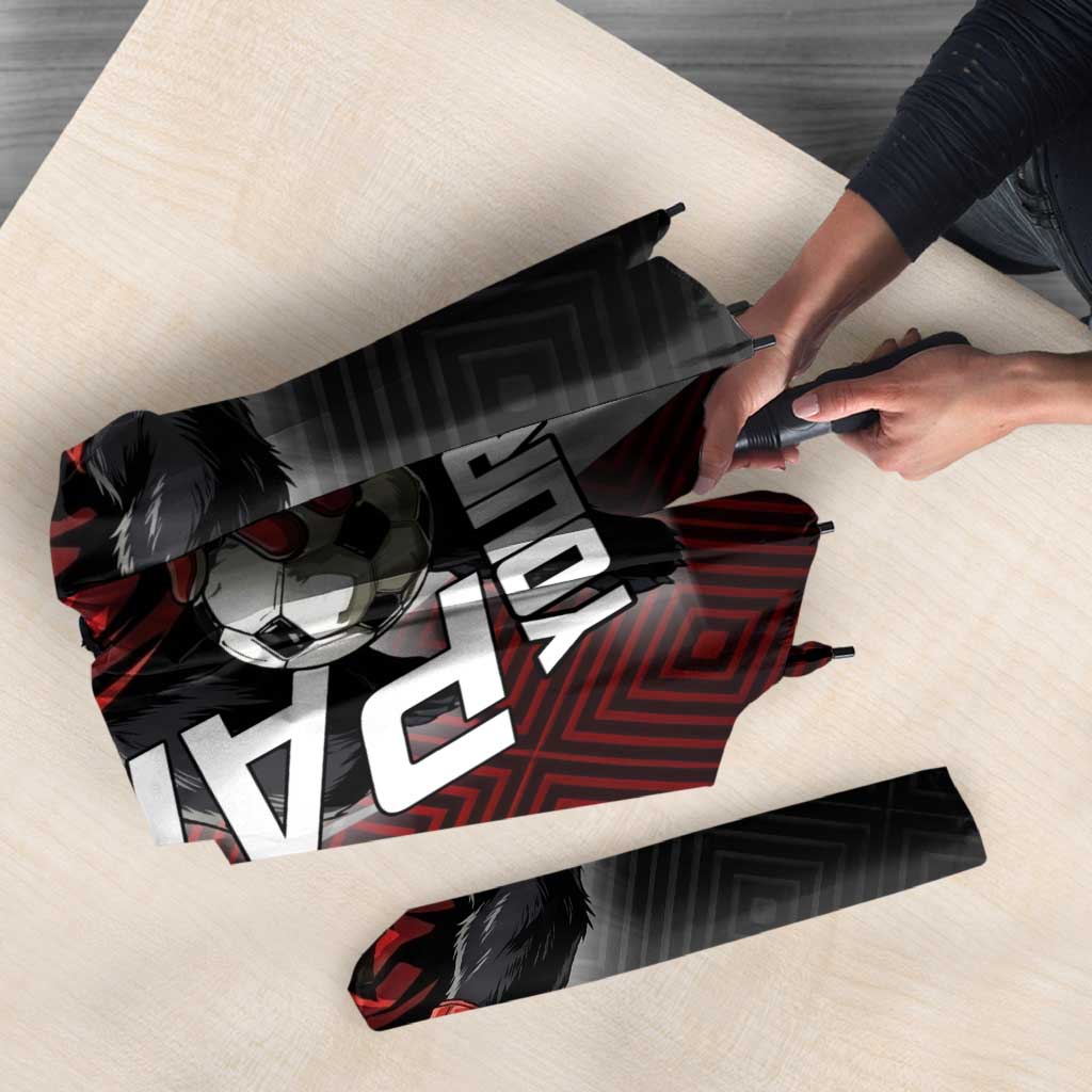 Personalized Panda Jujutsu Kaisen Soccer Theme Umbrella with Goalkeeper Pose and Red Black Geometric Graphic Design - The Mazicc