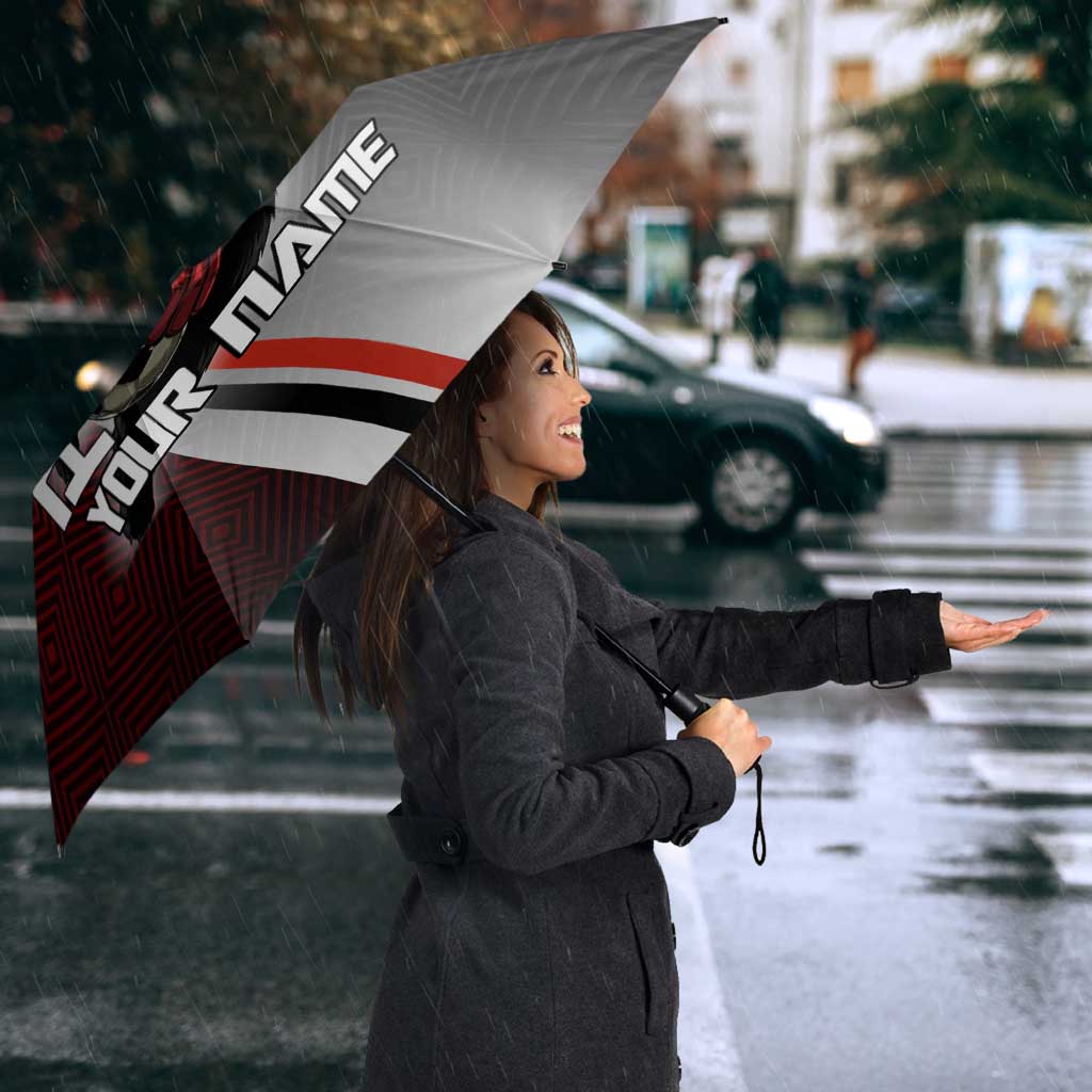 Personalized Panda Jujutsu Kaisen Soccer Theme Umbrella with Goalkeeper Pose and Red Black Geometric Graphic Design - The Mazicc