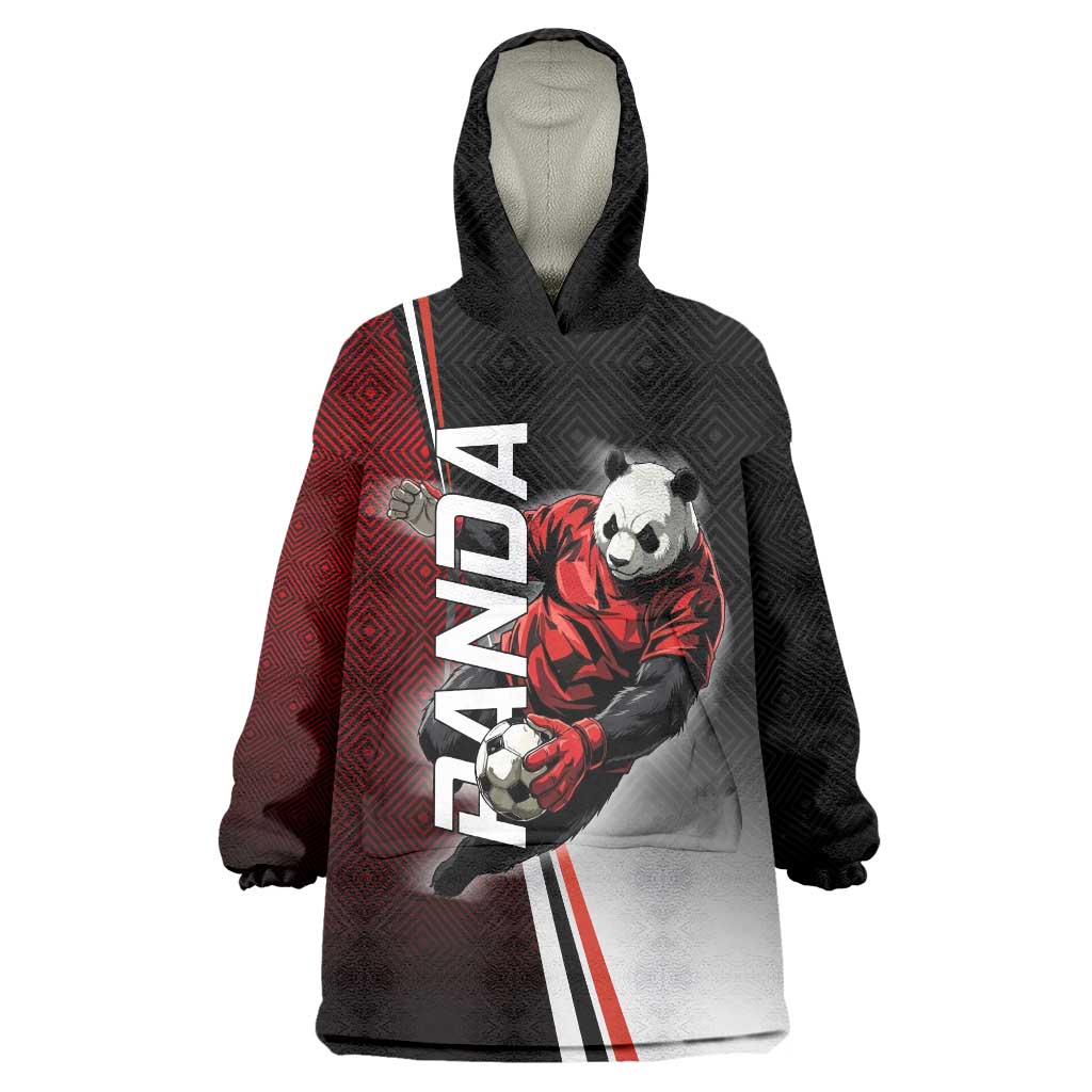 Personalized Panda Jujutsu Kaisen Soccer Theme Wearable Blanket Hoodie with Goalkeeper Pose and Red Black Geometric Graphic Design - The Mazicc