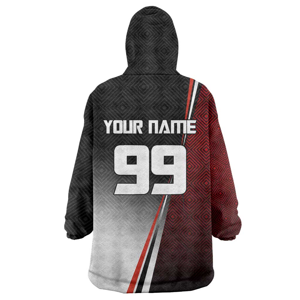 Personalized Panda Jujutsu Kaisen Soccer Theme Wearable Blanket Hoodie with Goalkeeper Pose and Red Black Geometric Graphic Design - The Mazicc
