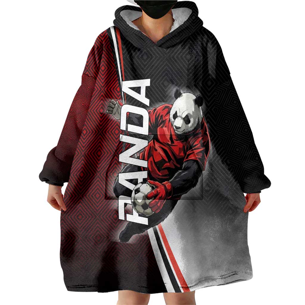 Personalized Panda Jujutsu Kaisen Soccer Theme Wearable Blanket Hoodie with Goalkeeper Pose and Red Black Geometric Graphic Design - The Mazicc