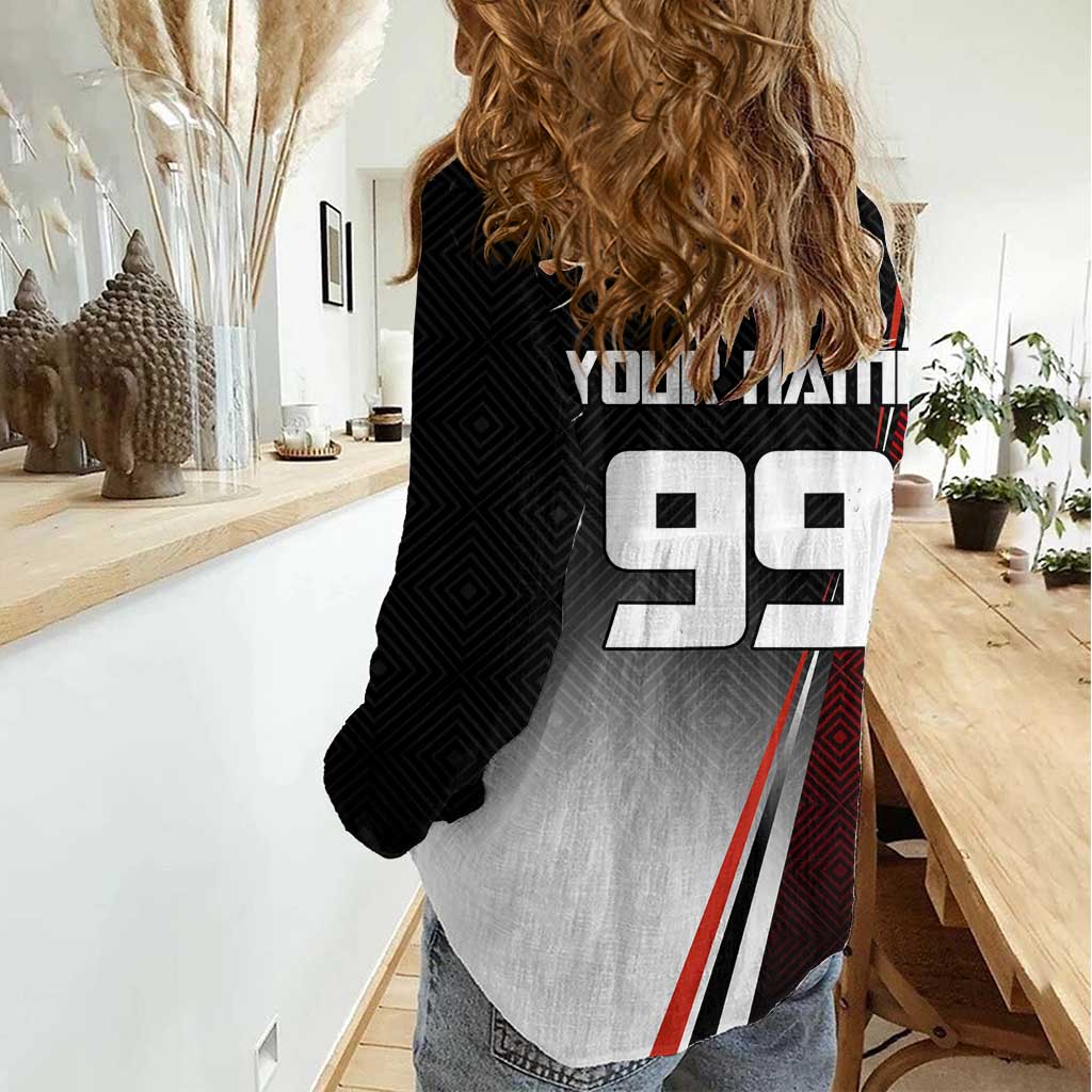 Personalized Panda Jujutsu Kaisen Soccer Theme Women Casual Shirt with Goalkeeper Pose and Red Black Geometric Graphic Design - The Mazicc
