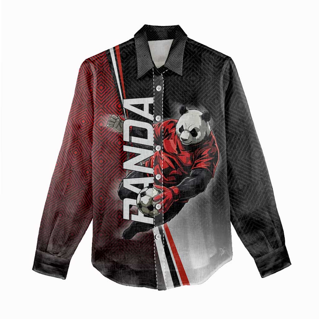 Personalized Panda Jujutsu Kaisen Soccer Theme Women Casual Shirt with Goalkeeper Pose and Red Black Geometric Graphic Design - The Mazicc