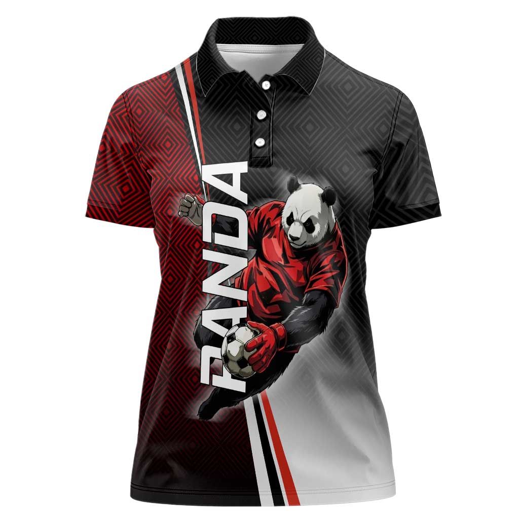 Personalized Panda Jujutsu Kaisen Soccer Theme Women Polo Shirt with Goalkeeper Pose and Red Black Geometric Graphic Design - The Mazicc
